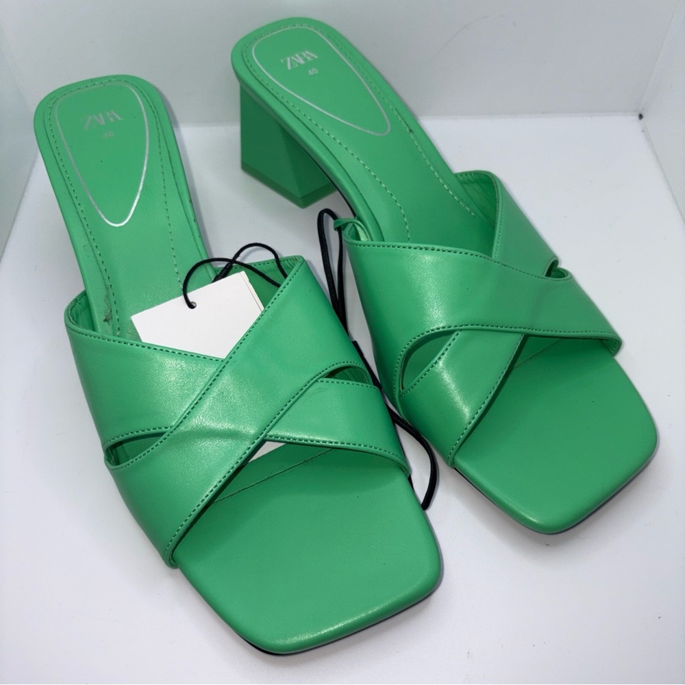 NWT Zara BLOCK HEEL SANDALS Size 8.5 US Green Spring Summer Colorful Party Comfy